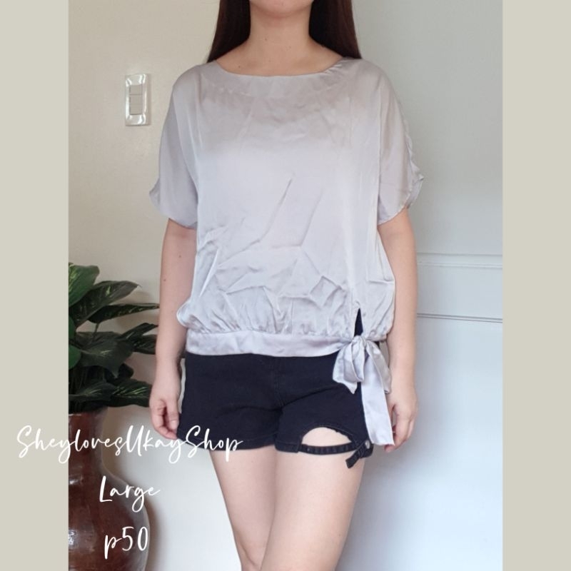 Silver Blouse with side ribbon tie(Ukay/Preloved) Shopee Philippines