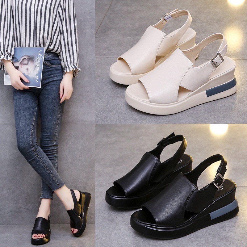 Korean Muffin Thick Sole Rubber Wedge Sandals For Women