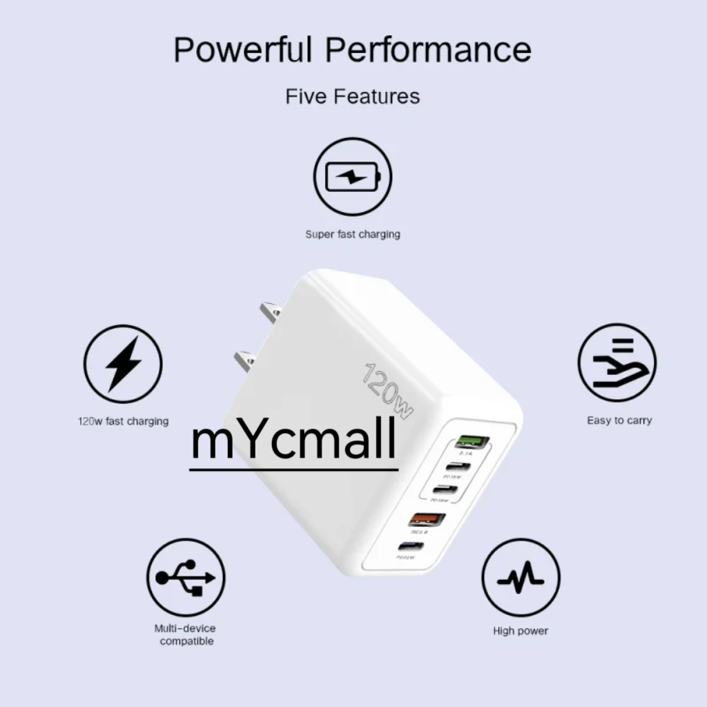 2 USB C 5 Port Charger Fast Charging Up 120W 3 Type C PD QC3.0 Mobile ...