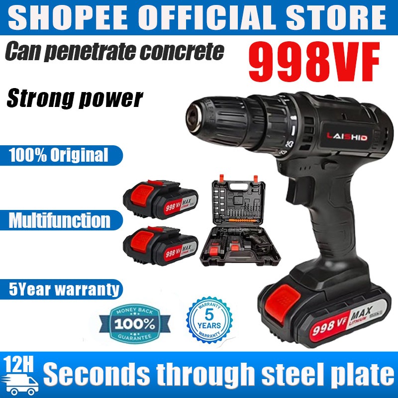 Laishid 998VF Cordless Drill Electric Hammer Impact Battery With Case  Screwdriver Accessories