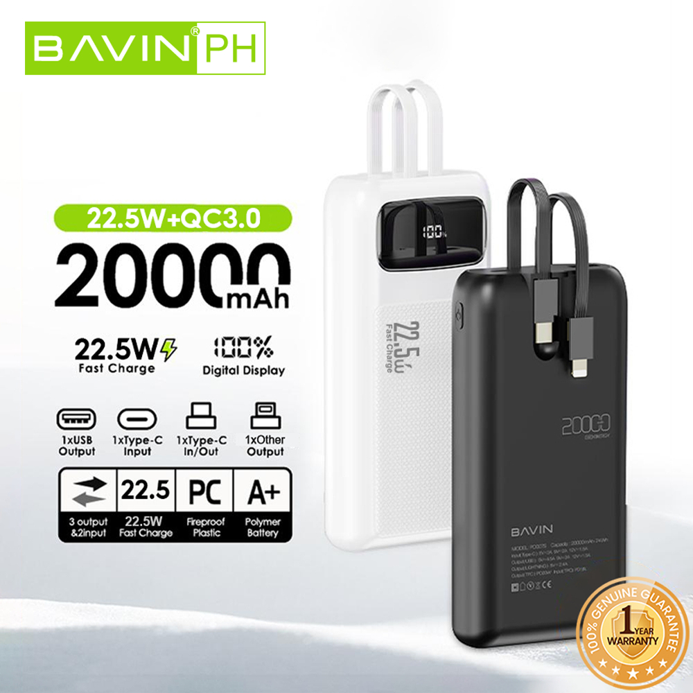  Portable Charger 20000mAh Power Bank with Fast Charging, 22.5W  QC3.0 PD20W Battery Level Display Built in 2 Cables