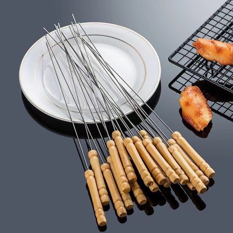 COD 10PCS Barbecue Skewers Wooden Handle Stainless Steel BBQ Round Needle  Stick Shish Kebab Grilling