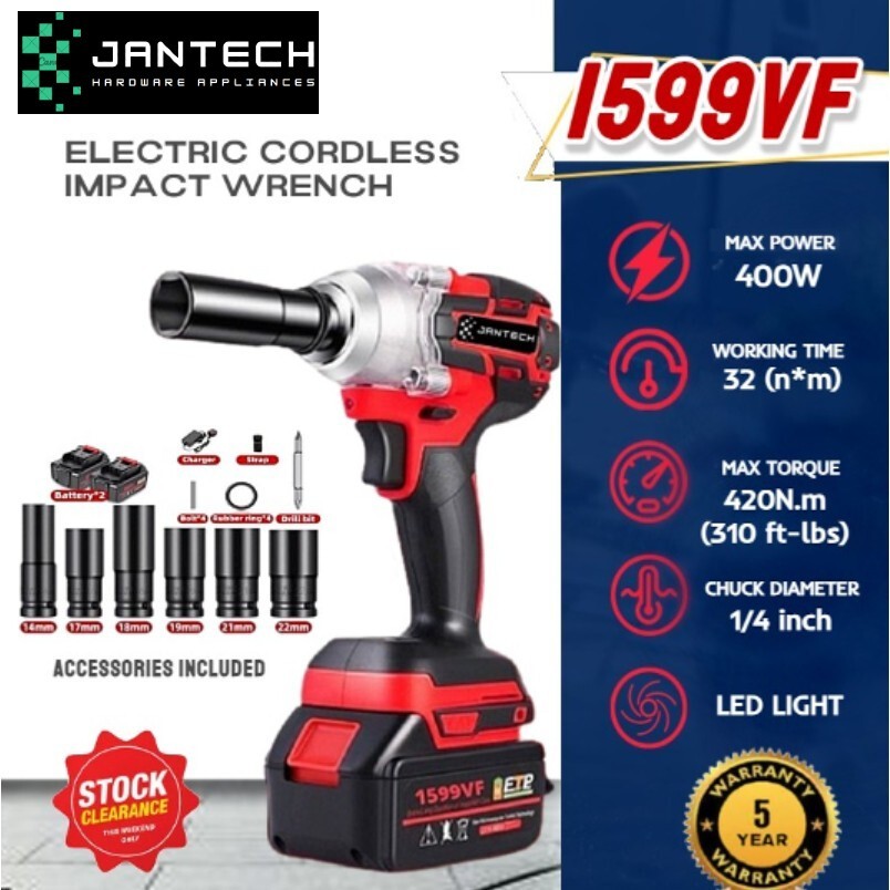 JANTECH NEW 1599VF 3in1 Impact Wrench 999N.m 6Size Cordless Electric