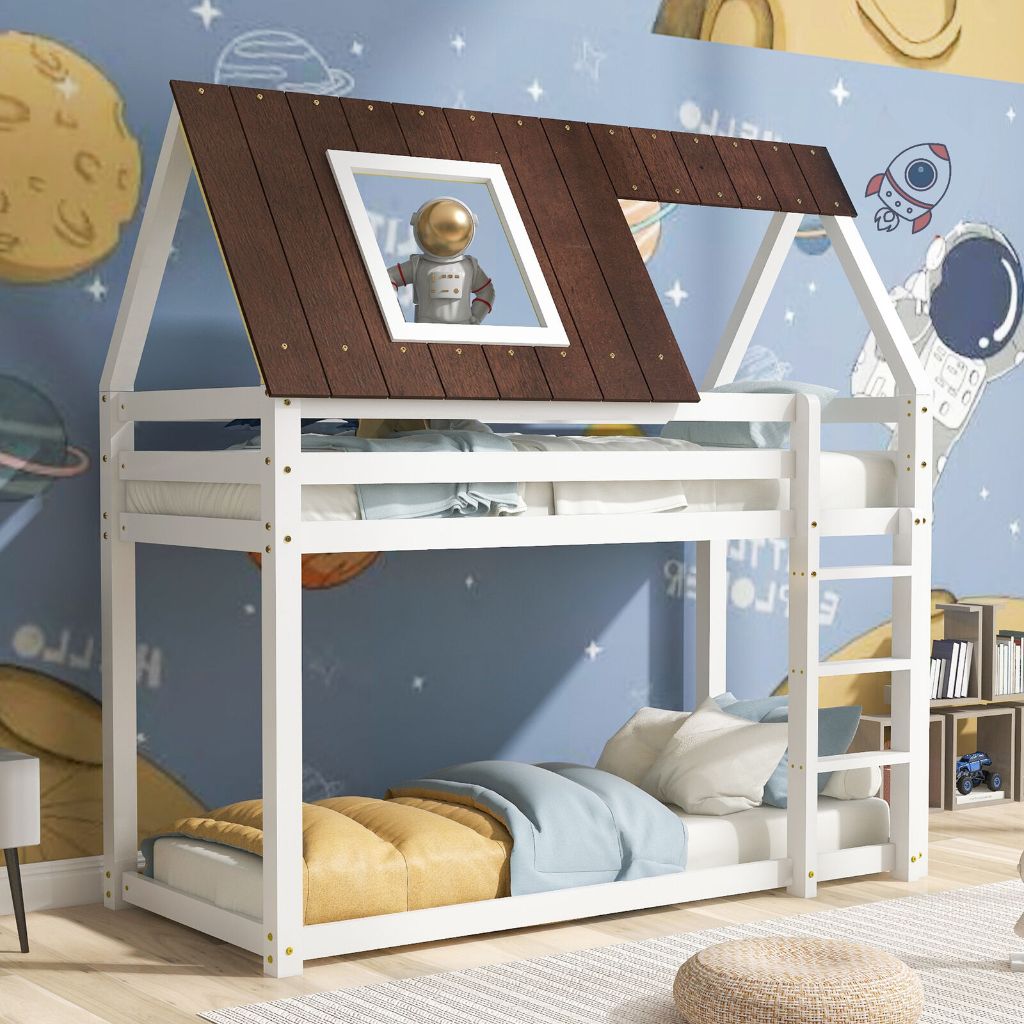 Kids Solid Pine Wood House Bunk Bed with StepLadder, Fall Protection