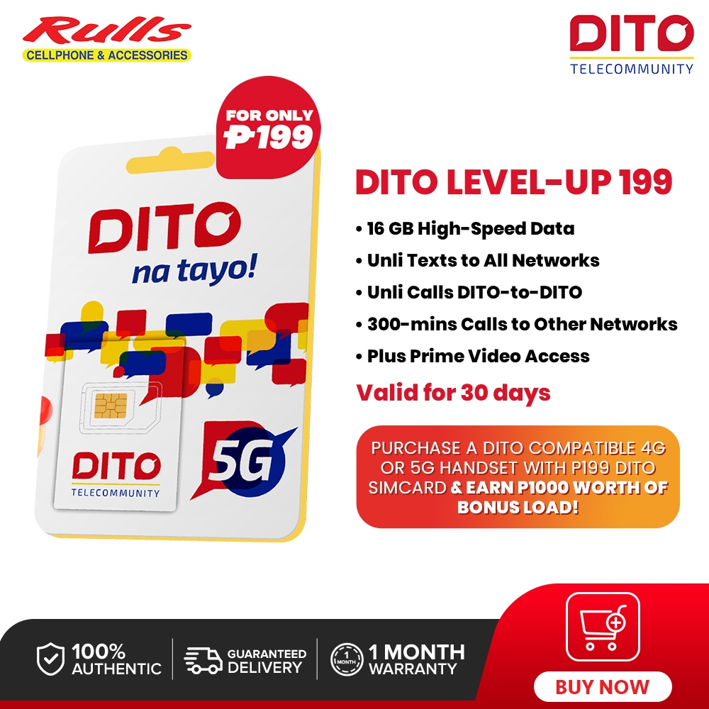 DITO Level-Up 199 SIM Pack with P1,000 worth of Bonus Load | Shopee ...