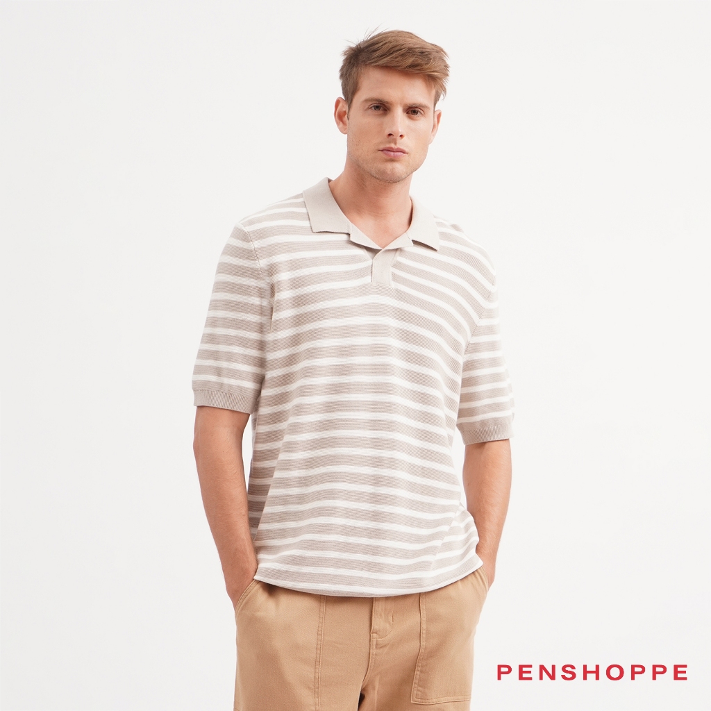 Penshoppe Oversized Fit Striped Polo With Open Collar For Men