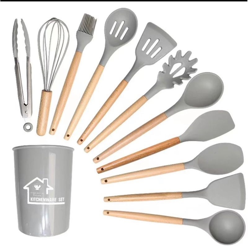 Aesthetic Wooden Handle NonStick Silicone Kitchen Utensils Set with