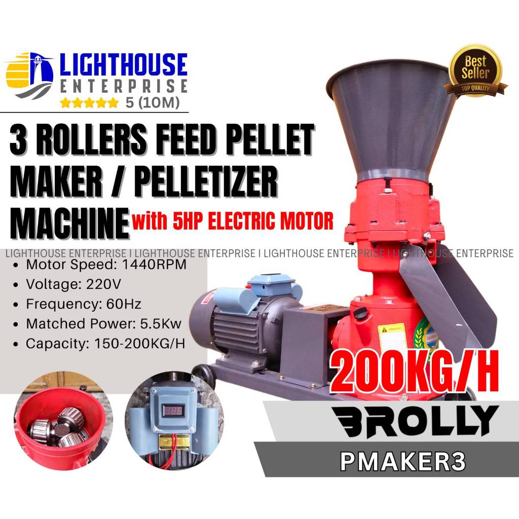 BROLLY Feed Pellet Maker / Pelletizer Machine Set with 5HP Induction Motor & 3 Rollers (PMAKER3