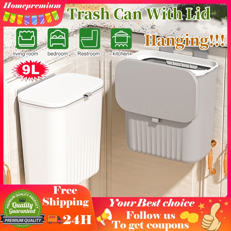 9L Kitchen Hanging Garbage Bin With Cover Trash Can Sliding Wall ...