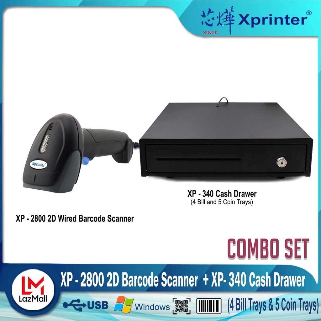 Xprinter XP-7600 2D 2.4G Wired Barcode Scanner + 340 Cash Drawer Combo ...
