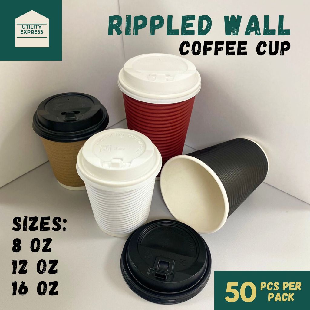 Rippled Wall Coffee Cup [50pcs] - 8oz | 12oz | 16oz [Black / Kraft ...