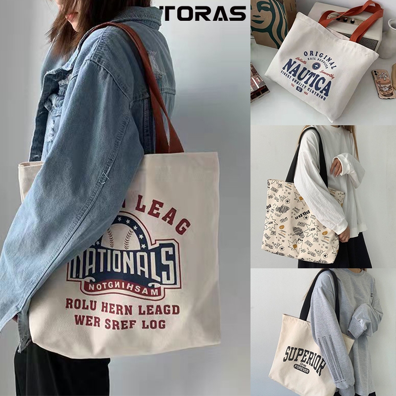 Toras Korean Ladies Fashion Printed Canvas Tote Bag With Zipper Casual ...