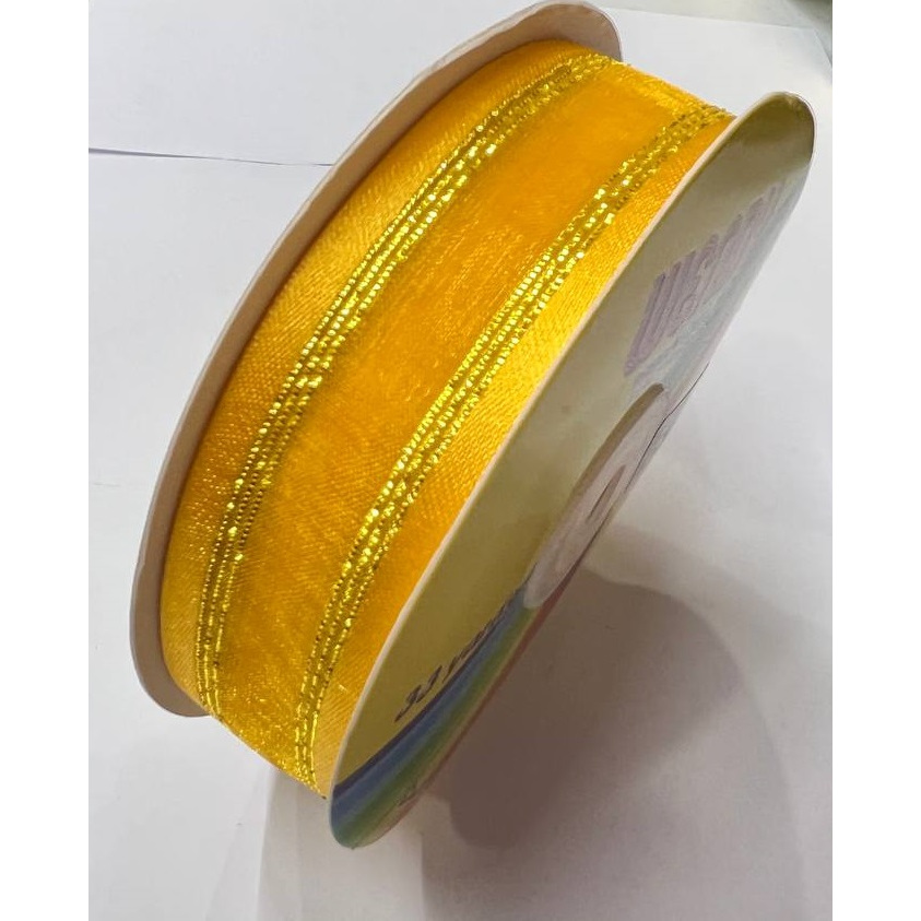 1 inch Ribbon Fancy #0072 with Organza Middle Gold Stripes (33 yards ...