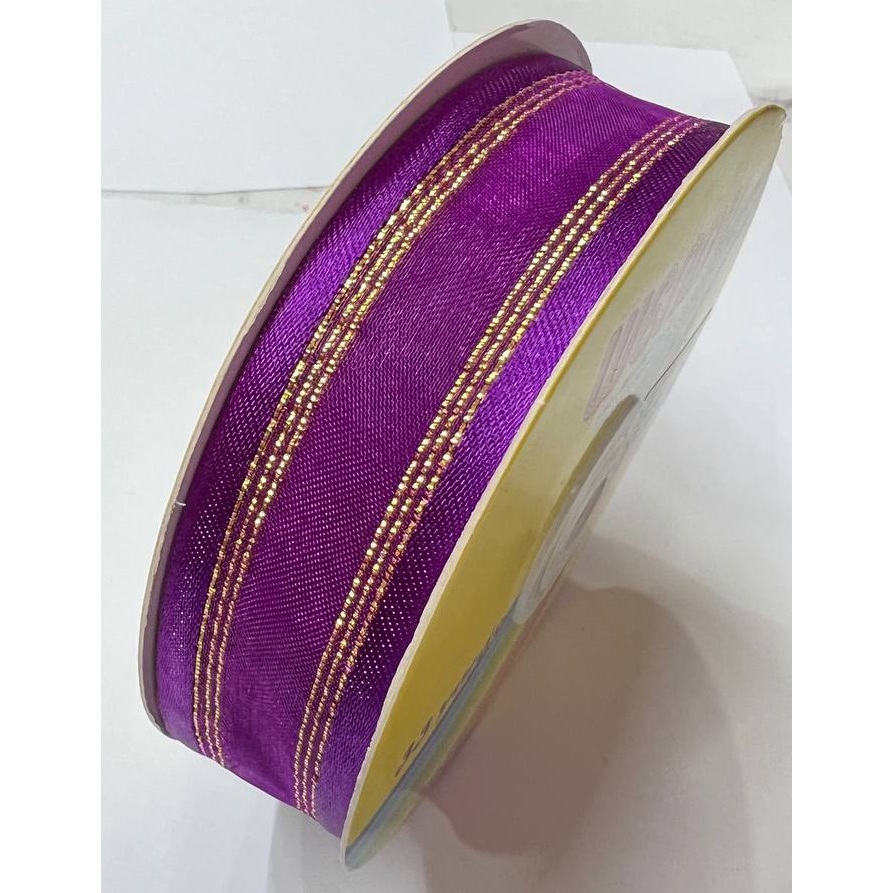 1 inch Ribbon Fancy #0072 with Organza Middle Gold Stripes (33 yards ...