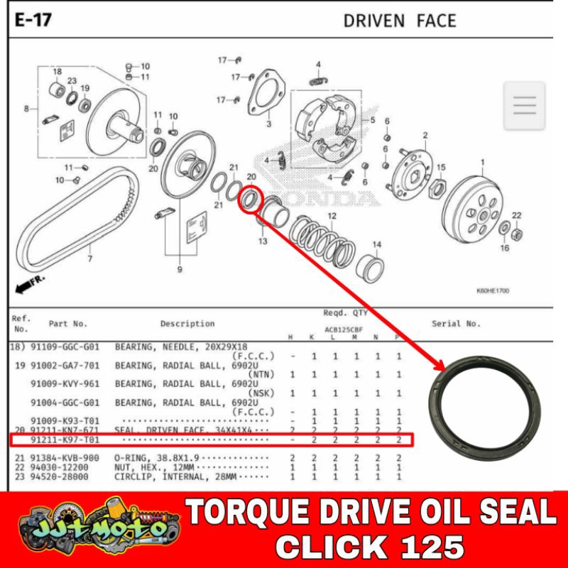HONDA TORQUE DRIVE OIL SEAL (CLICK 125) GENUINE 91211-K97-T01 | Shopee ...