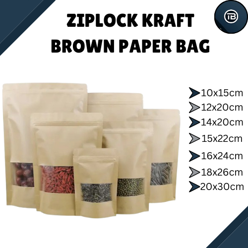 50pcs stand up kraft brown paper bag with Zip Lock with Window food ...