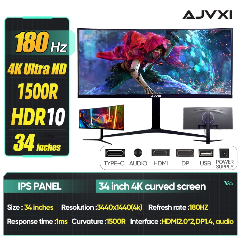 【3 Years Warranty】AJVXI 34 inch curved gaming monitor 1ms&180Hz ...