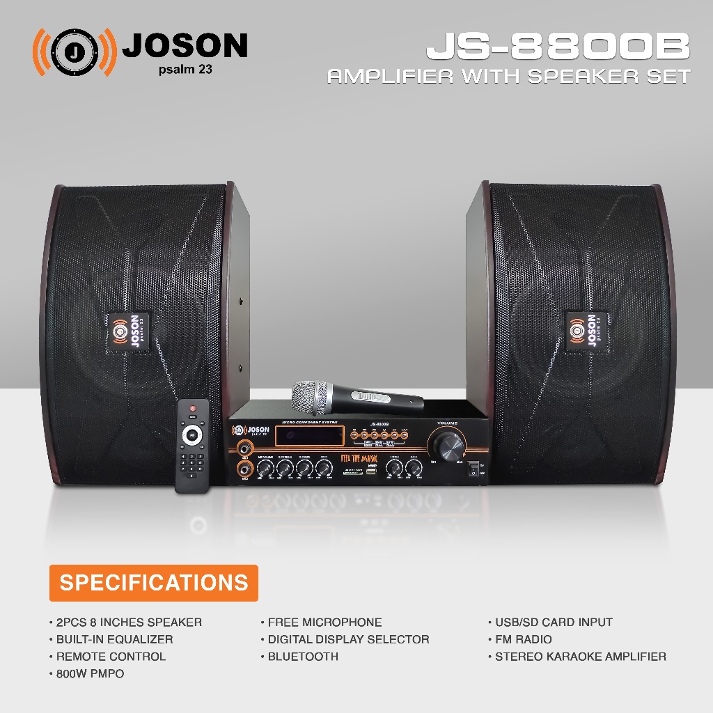 Joson JS-8800B Amplifier w/ Speaker Set (1 Paired 8 Inches Speaker, 1