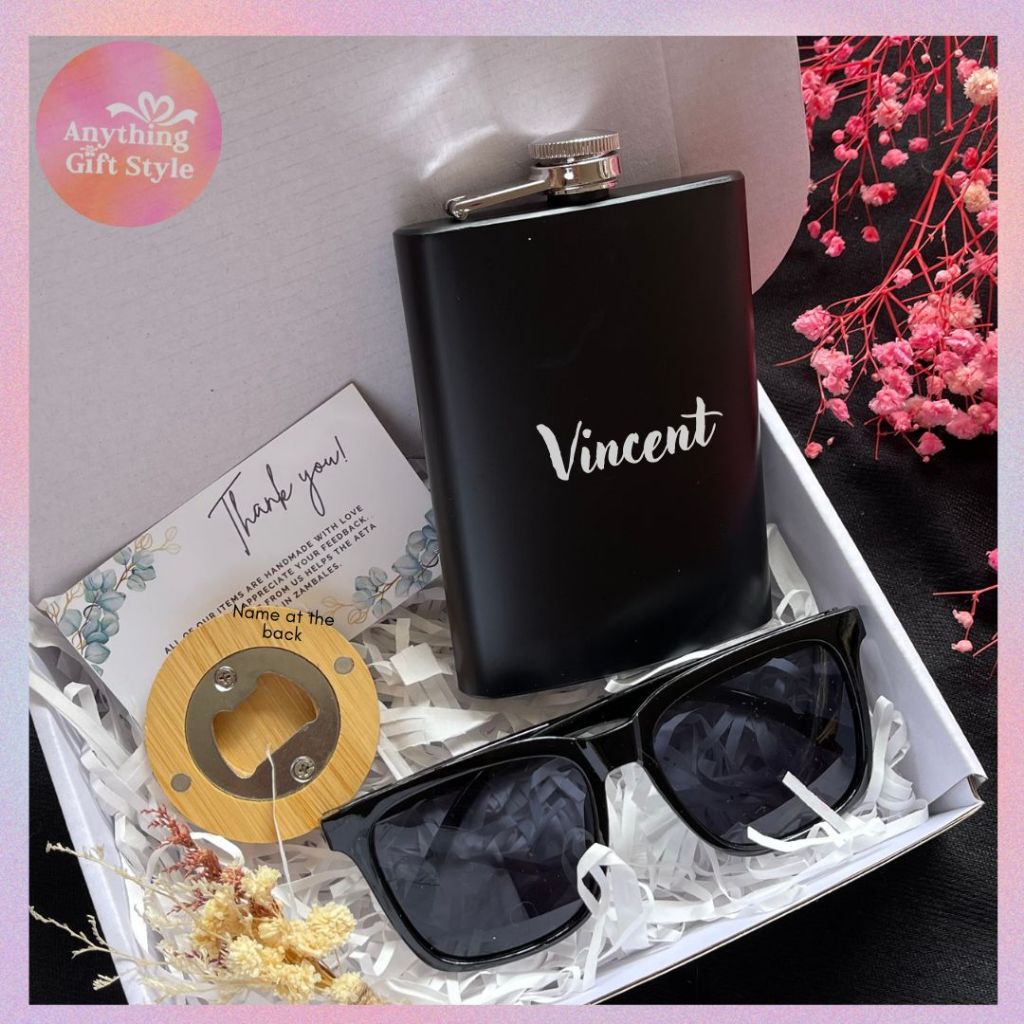 Personalized Gift Box Set Matte Wine Flask Hip, Sunglass, Round Opener ...
