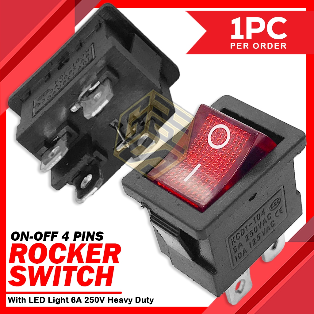 Rocker Switch ON-OFF 4 Pins With LED Light 6A 250VAC | Shopee Philippines