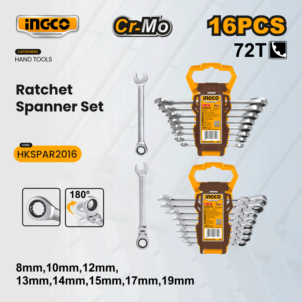 Ingco 16Pcs/Set Ratchet Spanner CR-V Fine polished for Automotive ...