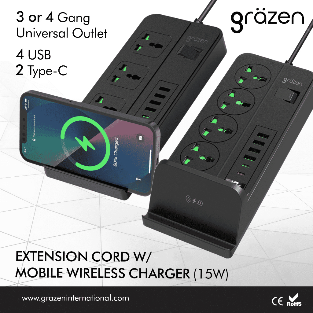 GRAZEN Extension Cord Mobile Phone Wireless Charger: 3 Univ Outlet + 4 ...