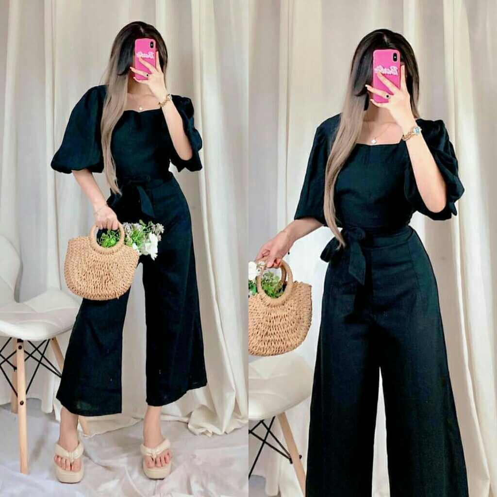 LAURICE ESMERALDA KOREAN STYLE CASUAL FORMAL WIDE LEG JUMPSUIT ELEGANT PUFF SLEEVE BELTTED JUMPSUIT Shopee Philippines