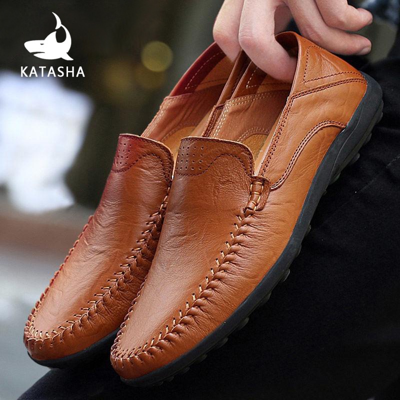 Trendy Men's Casual Shoes Soft Leather Slip On Brown Mens Business Loafers  Light Walking Shoes Black