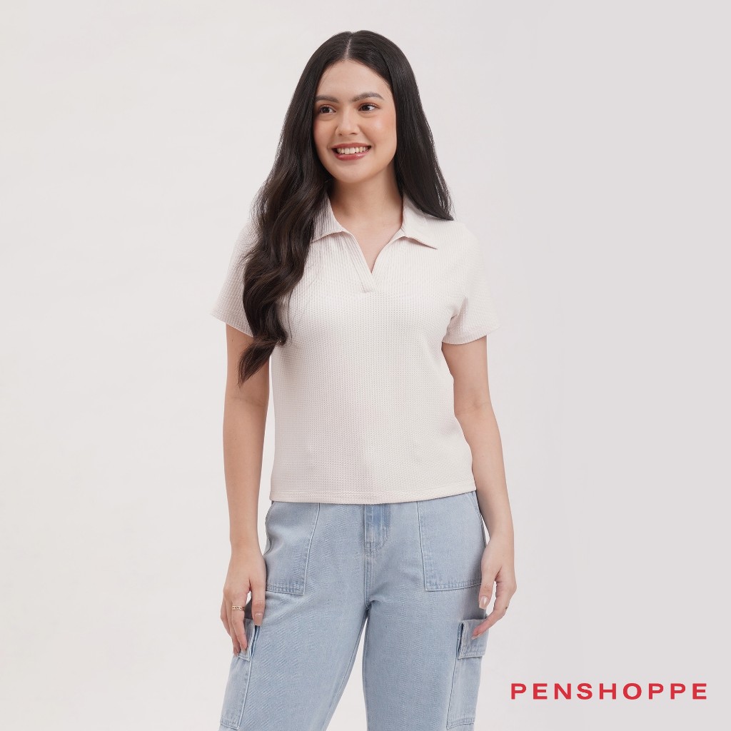 Penshoppe Waffle Knit Regular Fit Polo For Women Mint Green Off White Blue Stone Polo Shirt Shopee Philippines