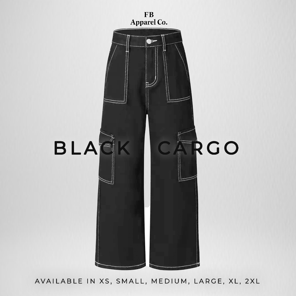 Black Contrast Stitch Highwaist Hiphop Pockets Y2k bini Unisex Baggy  Wideleg trending Cargo Pants
