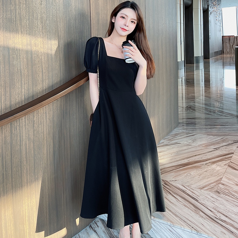 Korean black church dress long mermaid short sleeves french cocktail for  woman formal dress elegant | Shopee Philippines