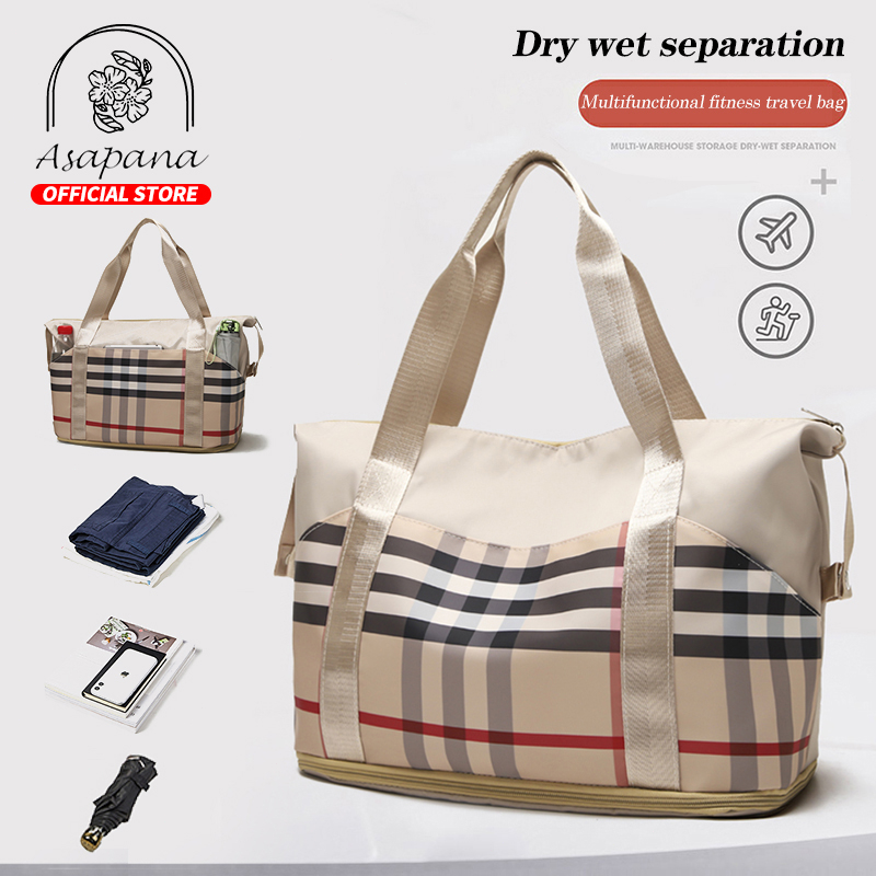 Solid Color Travel Duffle Bag With Ruched Design Portable Luggage Bag Dry And Wet Separation Fitness Gym Shoulder Bag For Weekender Overnight Handbags Women