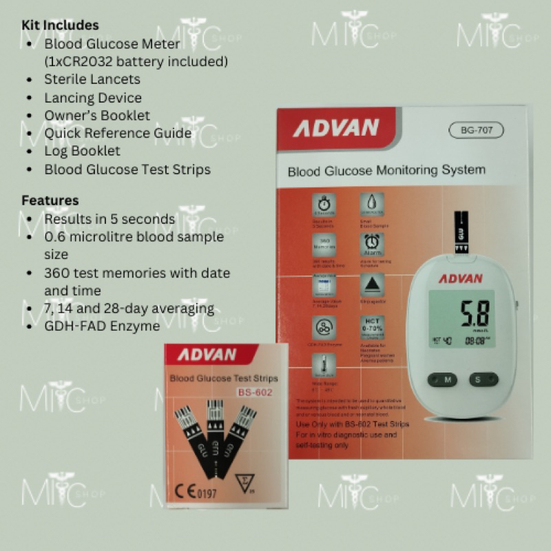 ADVAN Blood Monitoring System With Blood Glucose Test Strips (25ps