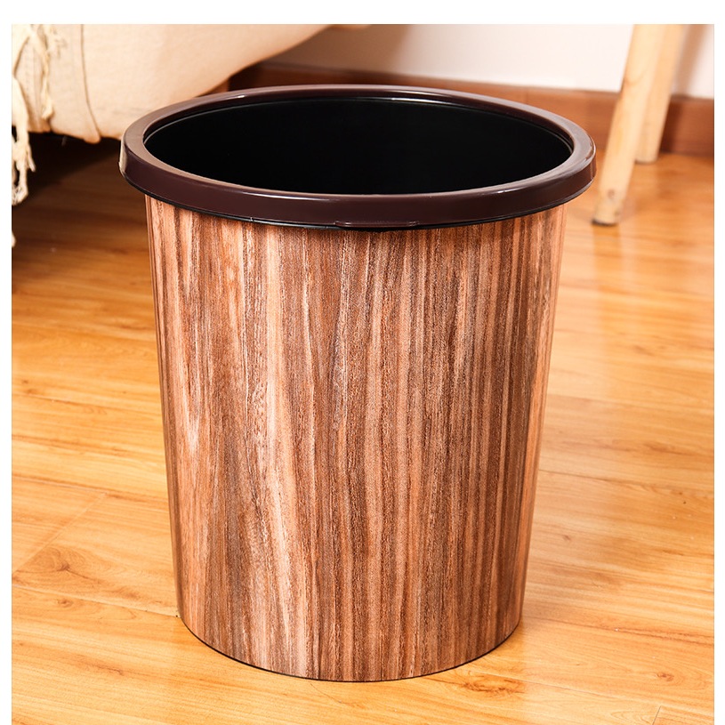 Round Plastic Trash Can WoodGrain Garbage Can Modern Waste Bin For
