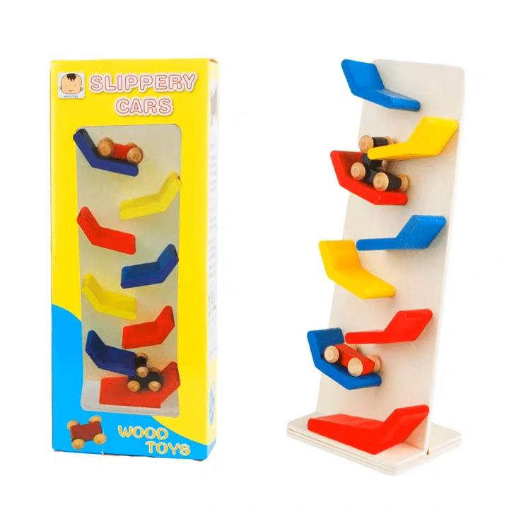 Wooden Car Ramp Racer Toy Set with 7 Level Track Includes 7 Wooden Toy ...