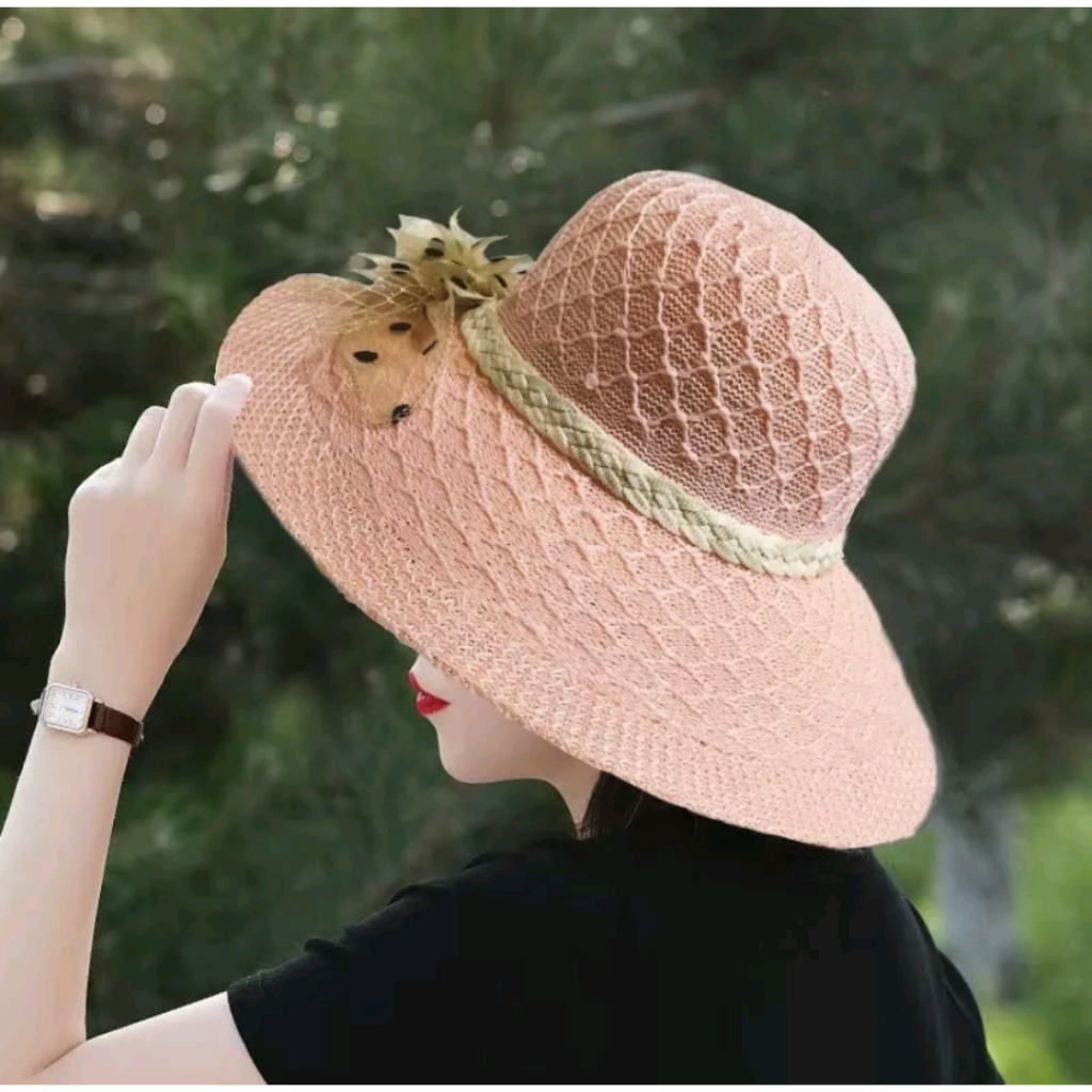 A18 Polka Dot Flower Ribbon Korean Fashion Women Hat Summer Beach Cap FASHION ROUND HAT ELEGANT Shopee Philippines