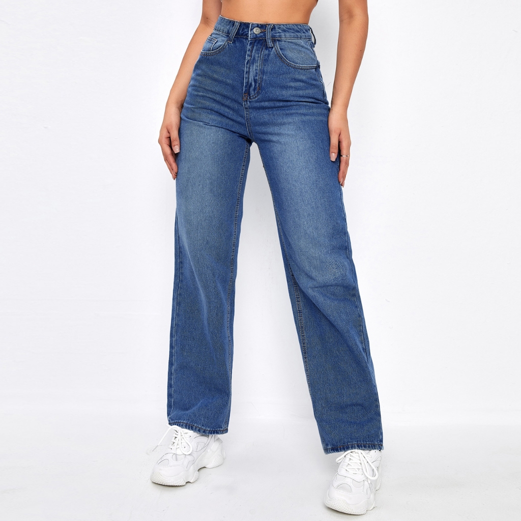 High Waist Straight Denim Pants Fashion Solid Color Baggy Jeans