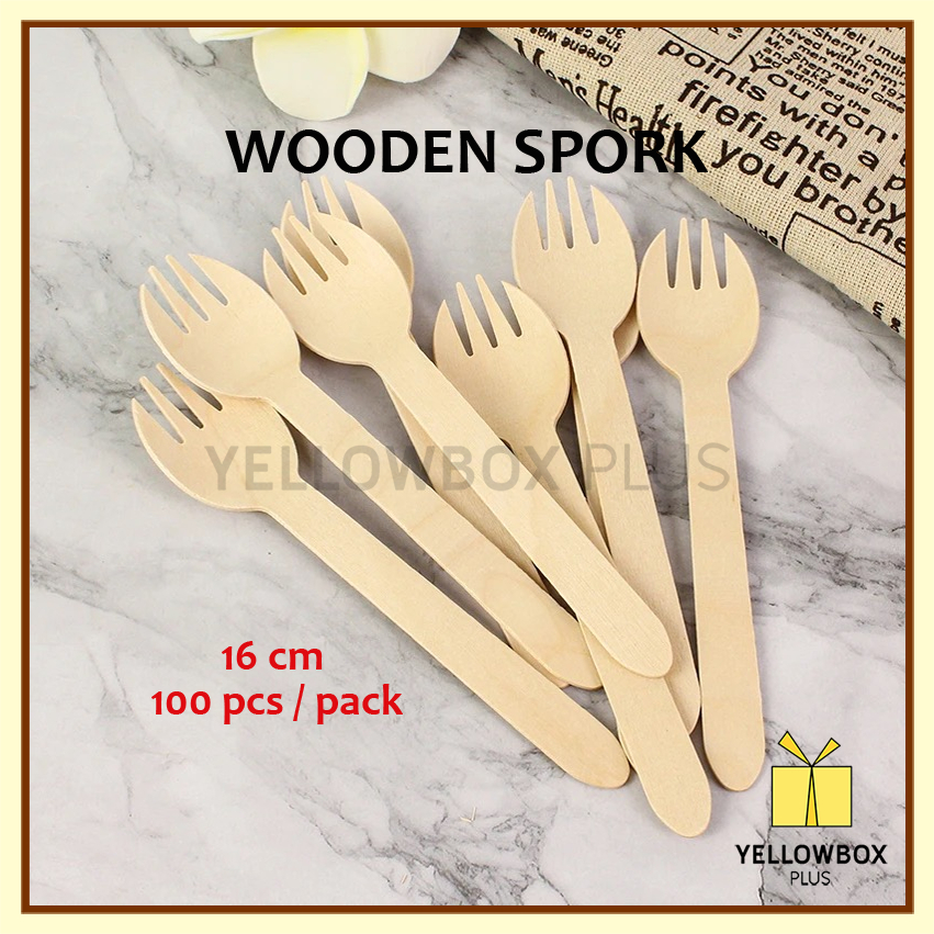 Disposable Wooden Spork Sfork Utensils 100pcs 16cm Spoon, Fork, Knife