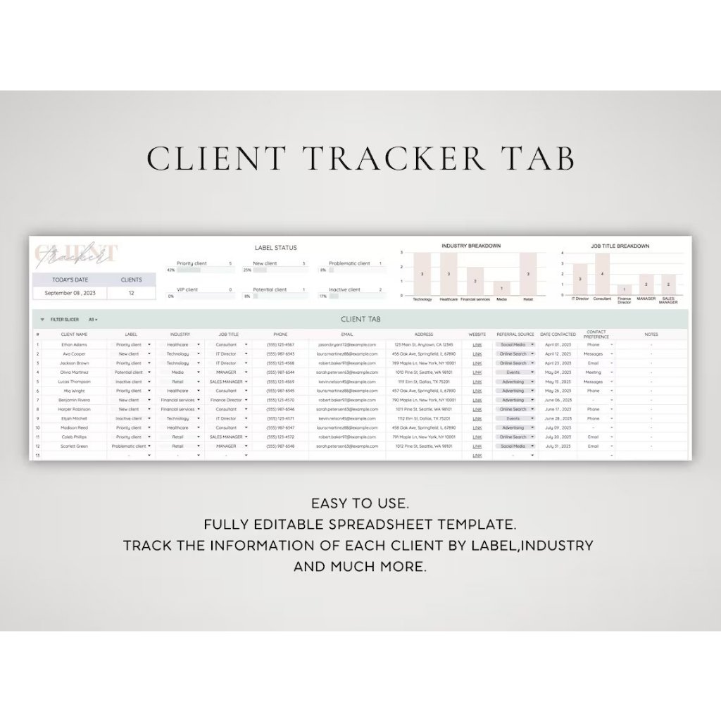 Digital Planner, Client Tracker Spreadsheet Invoice Template for Small ...