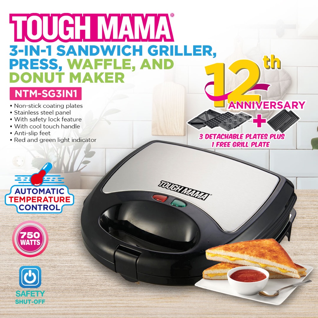 Tough Mama NTMSG3IN1 Sandwich, Waffle, Donut Maker, Griller Cool Touch