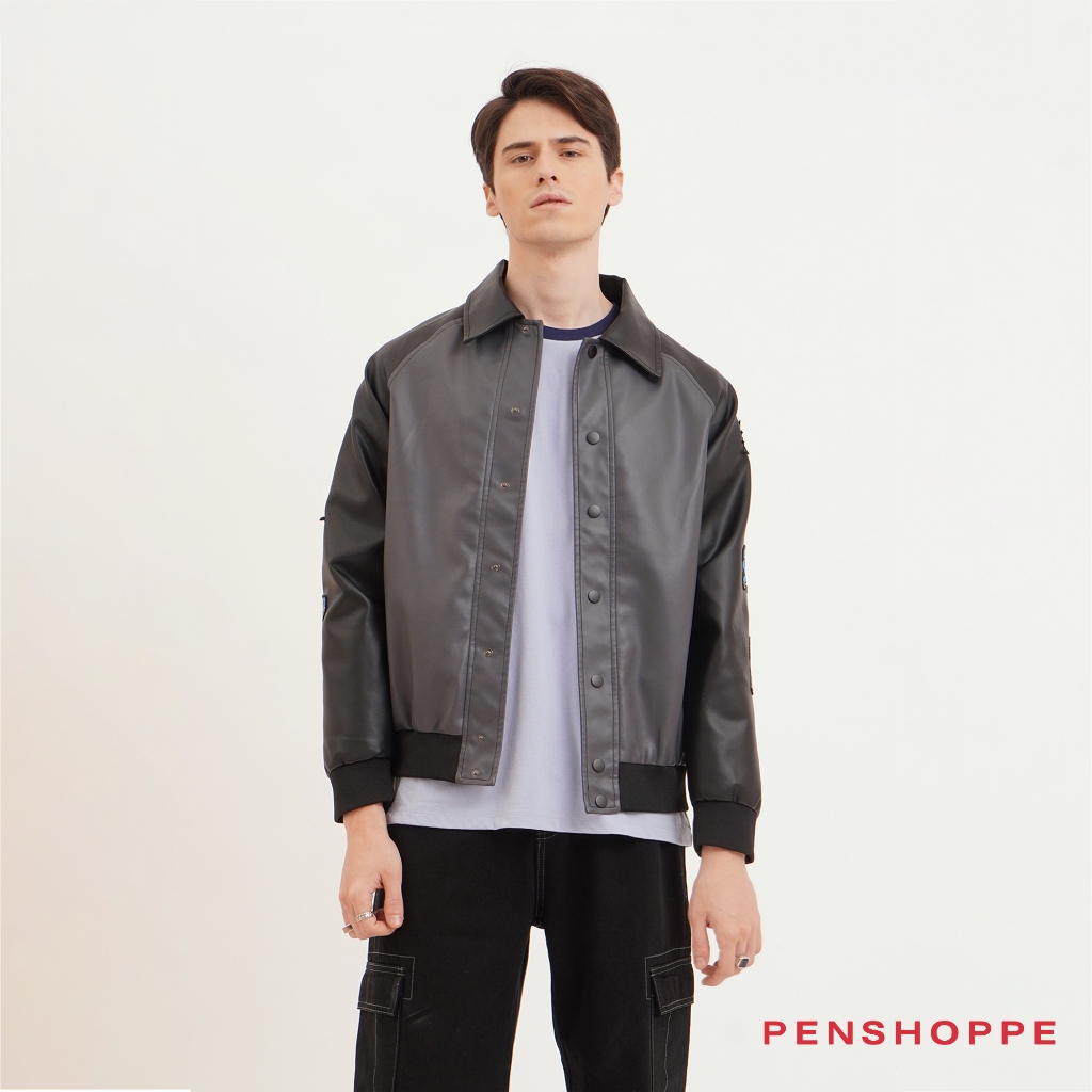 Penshoppe Faux Leather Varsity Jacket With Patches For Men (Black ...