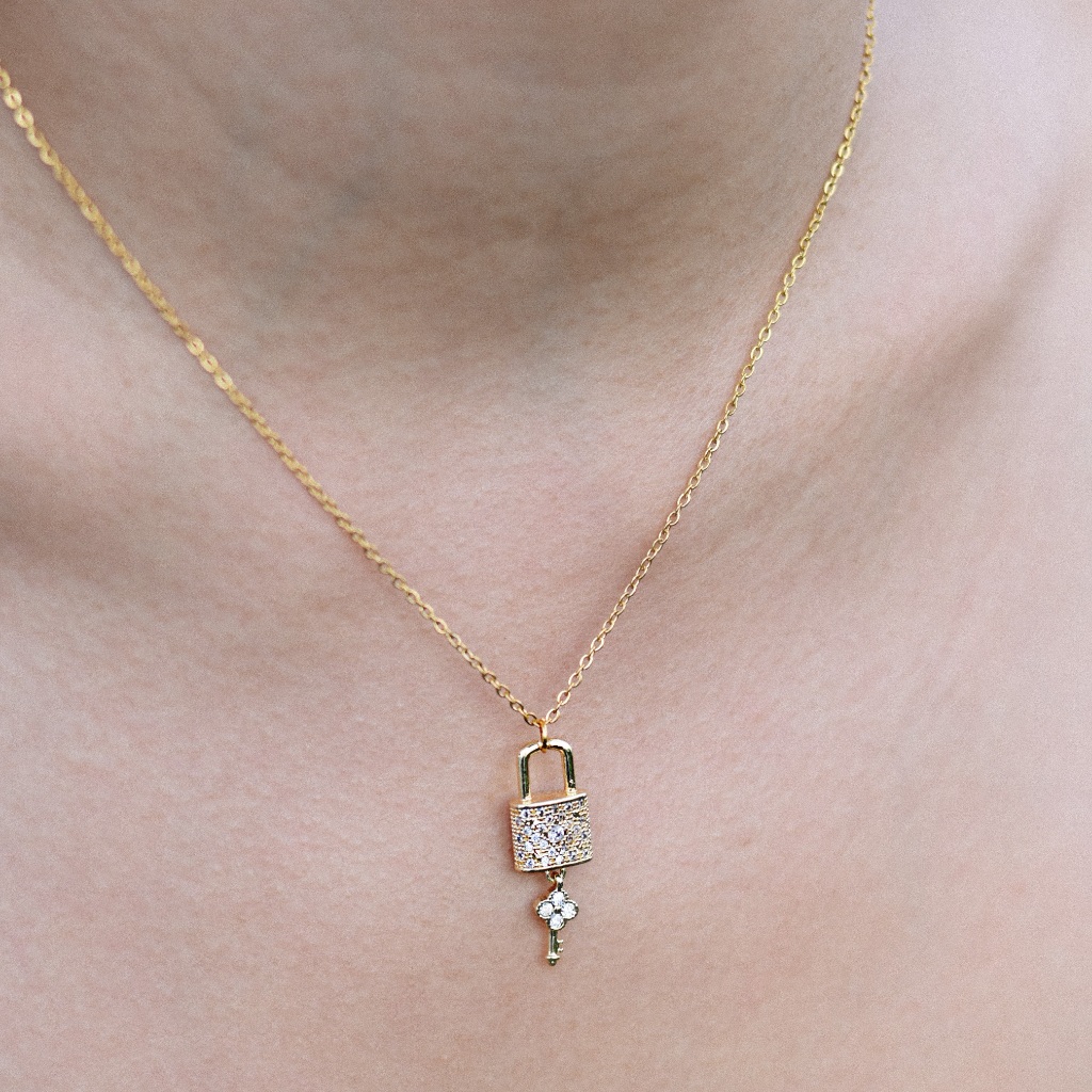 Dainty Lock & Key Necklace in 18k Gold Plated Stainless Steel | dangle ...