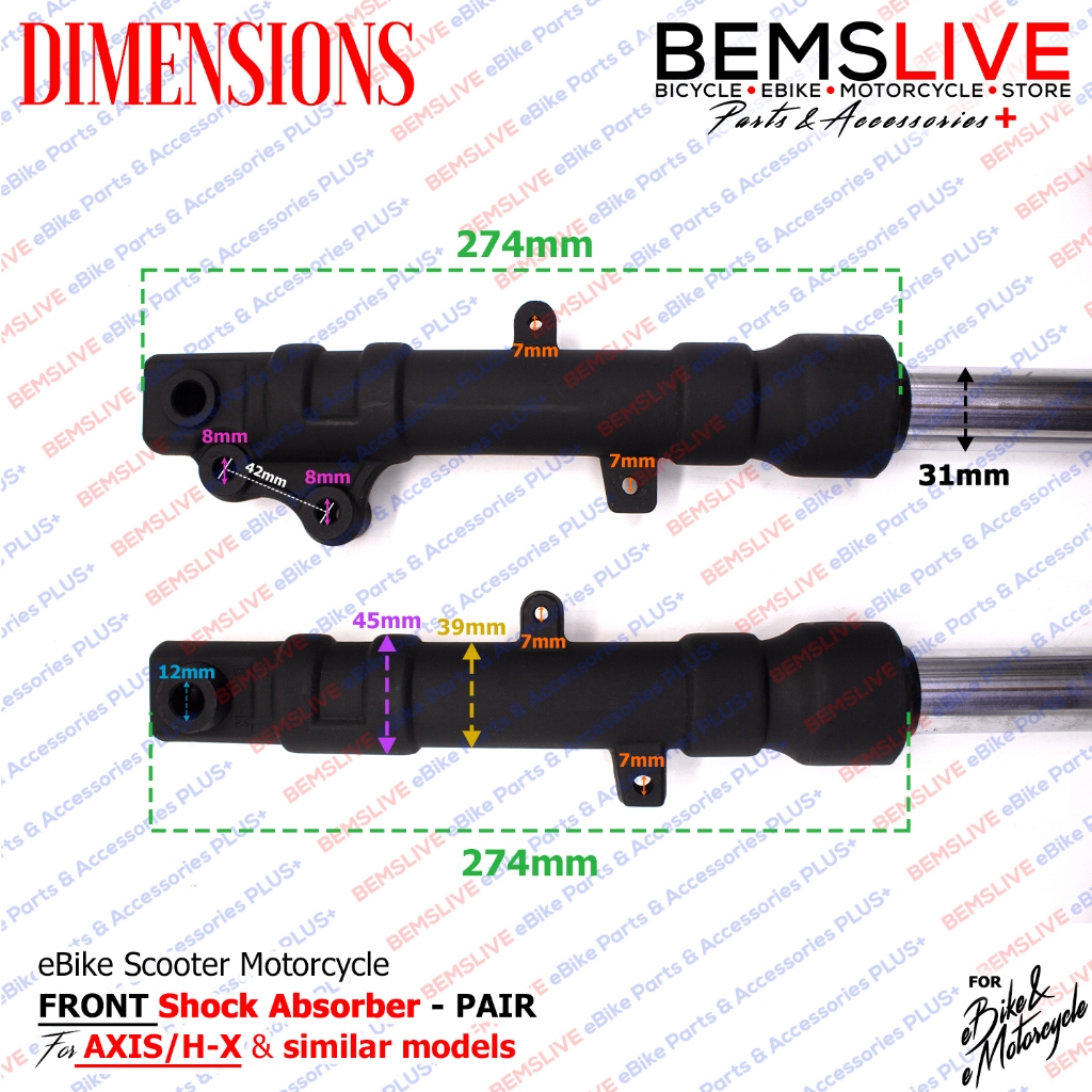 FRONT Shock Absorber (PAIR) for BIG Motorcycle Ebikes AXIS / H-X ...