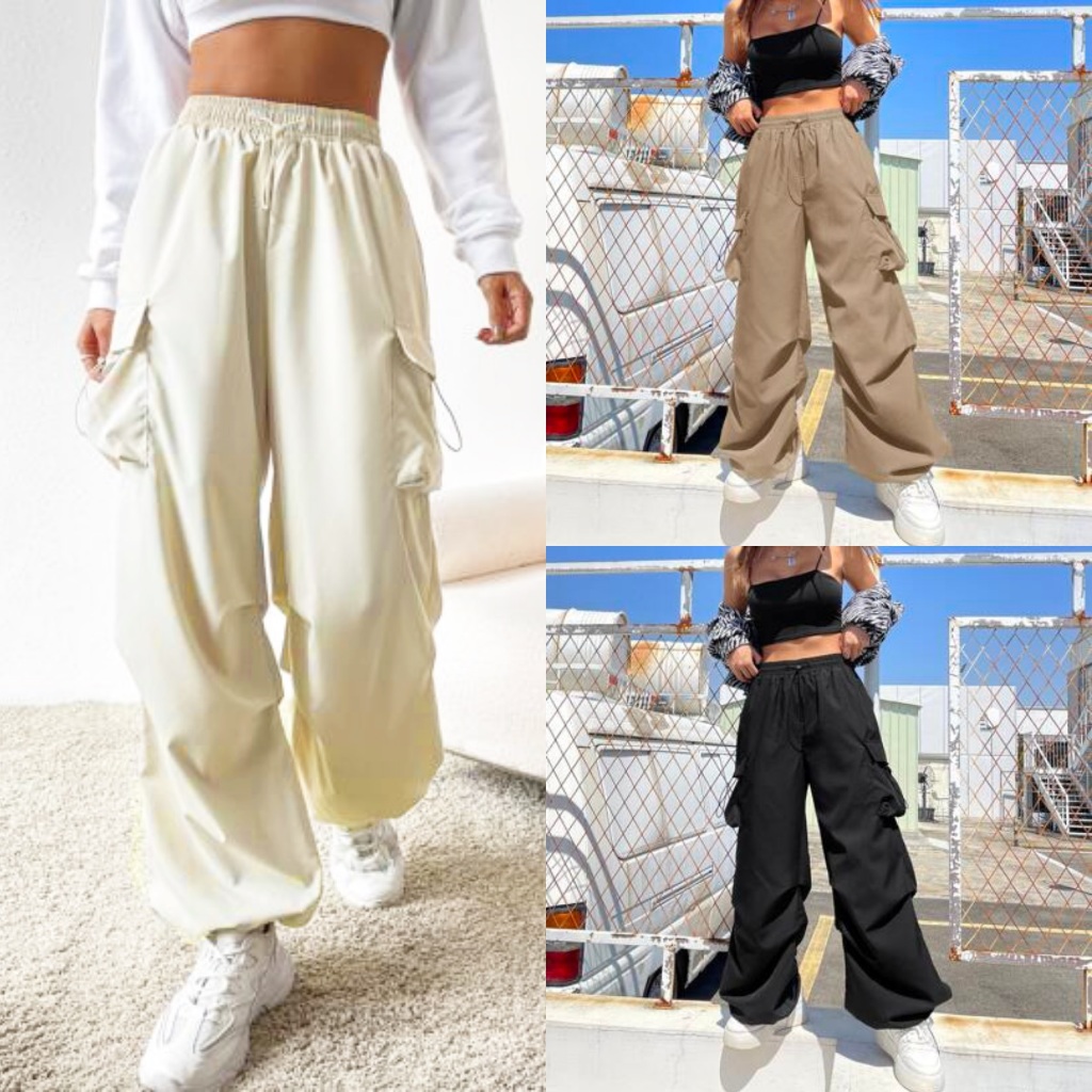 KILY.PH Parachute Pants Cargo Pants with Two Pockets Drawstring Waist Bottom for Women Fashion
