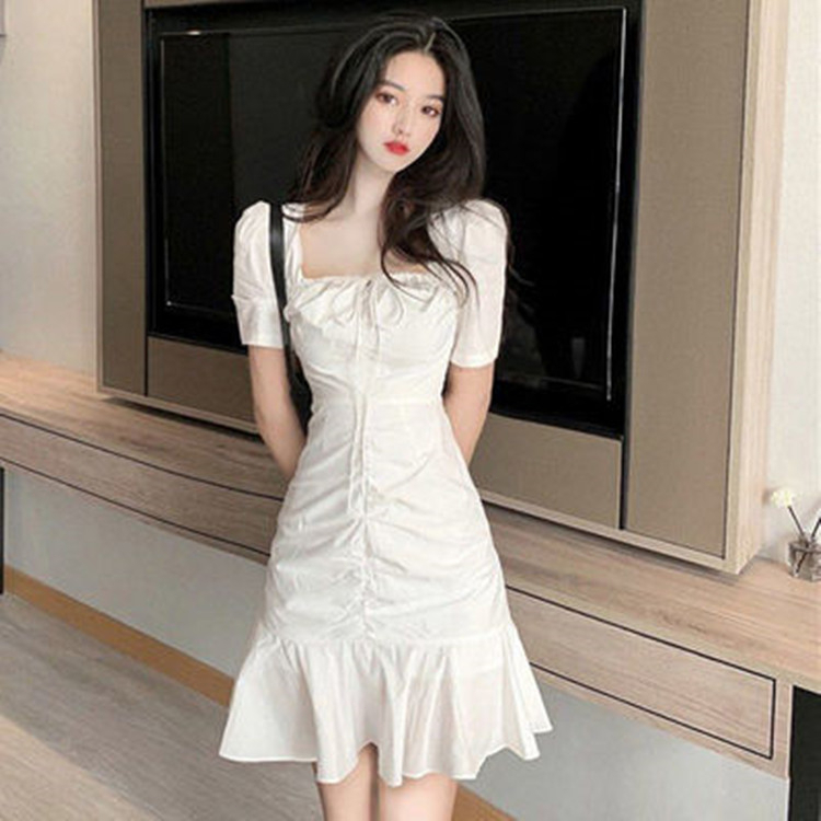 Korean white Dress summer Graduation Ruffled Mermaid Pleated square ...
