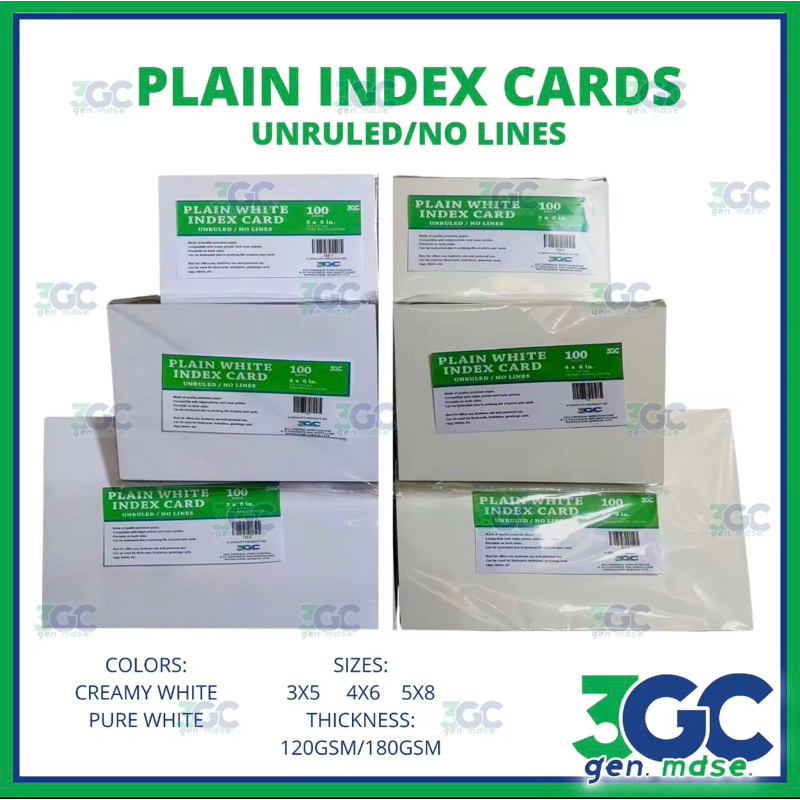 3GC White Unruled Plain Printable Index Cards 3x5/4x6/5x8 Sizes Ideal