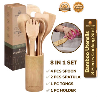 BlauKe Wooden Spoons for Cooking 8-Pack - Bamboo Kitchen Utensils Set - Nonstick Wooden Cooking Utensils - Wood Spatula Spoon Tongs Utensil Holder