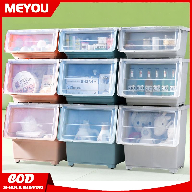 MEYOU Flip top storage box with wheels Stackable plastic storage box