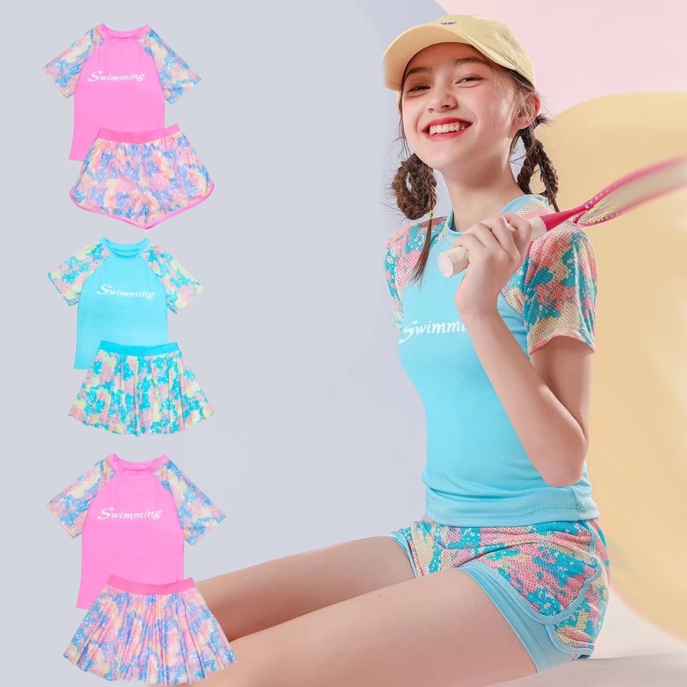 New Girls Swimsuit Set Quick Dry Two-piece Terno Set Tops + Short Skirt ...