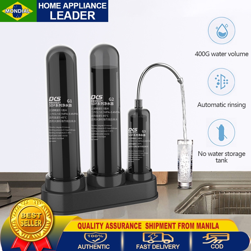 Threestage filter water purifier removes chlorine, heavy metals and